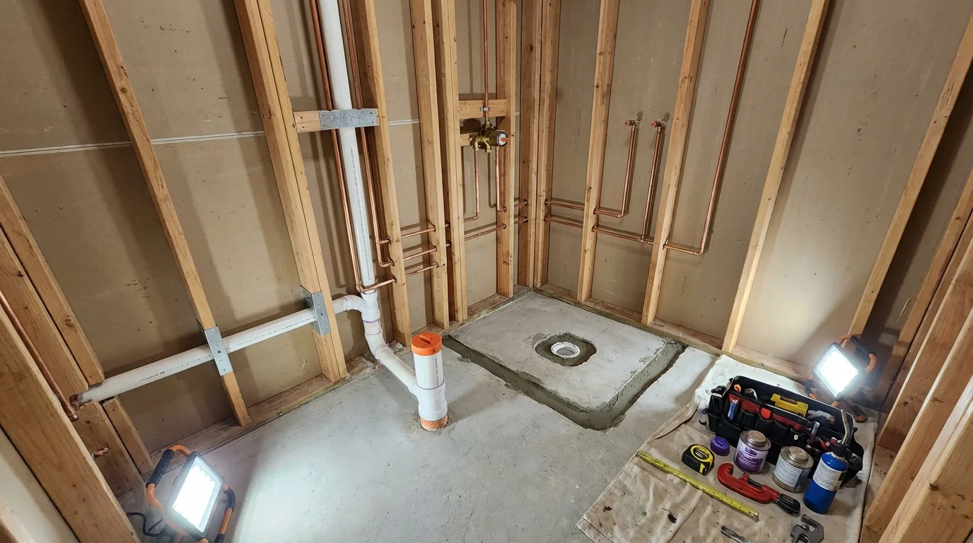 Bathroom rough-in plumbing during remodel by Johns Plumbing LLC in New Concord
