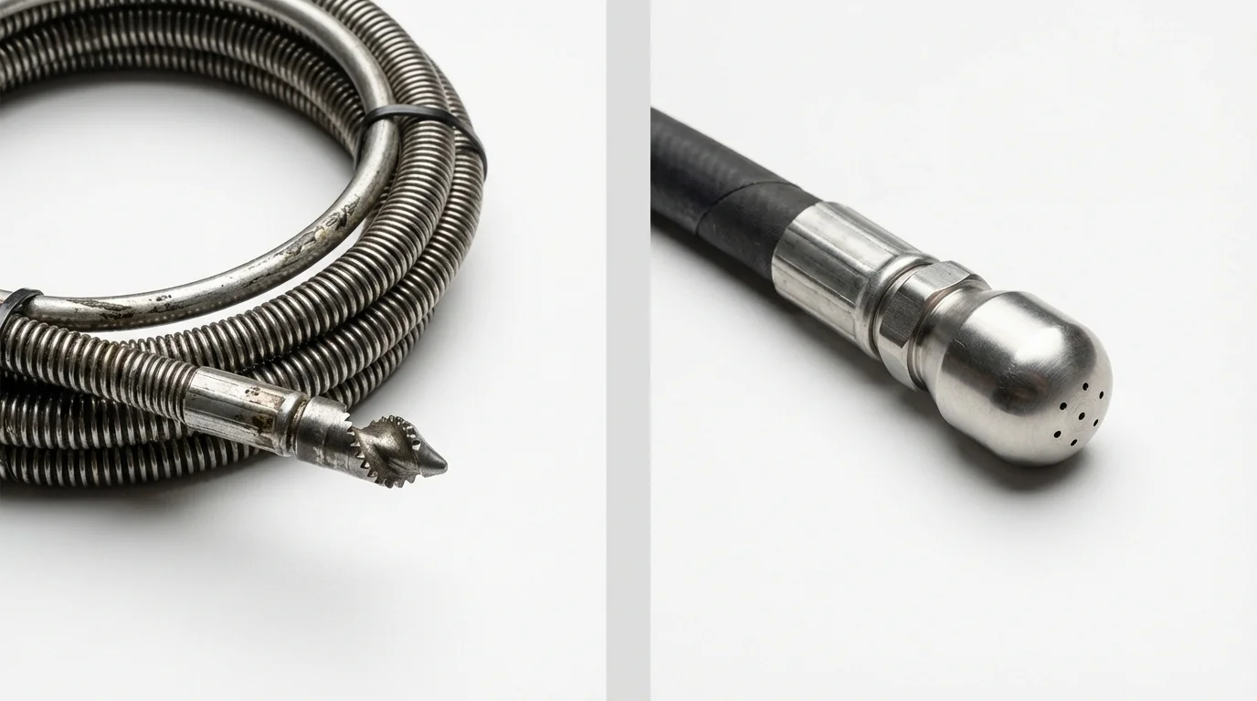 Drain snake cable and hydro jetting nozzle used for drain cleaning in New Concord, OH