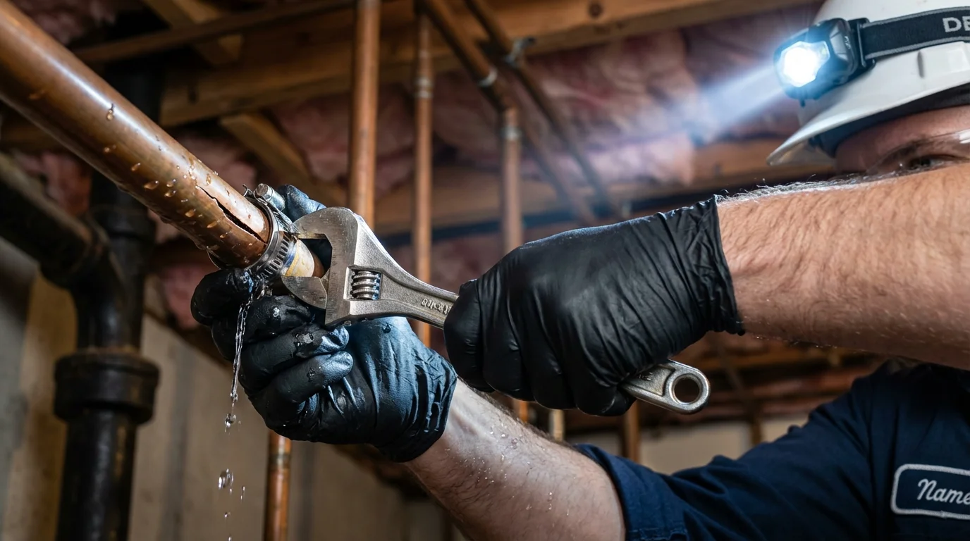 Emergency pipe clamp repair being performed by a Johns Plumbing LLC plumber in New Concord