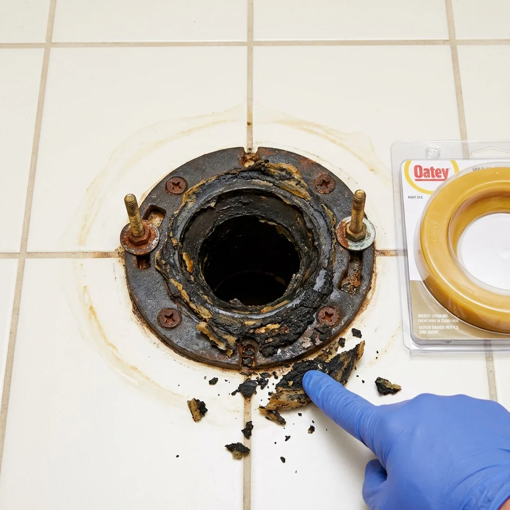 Failed wax ring showing water seepage at the base of a toilet in a New Concord, OH home