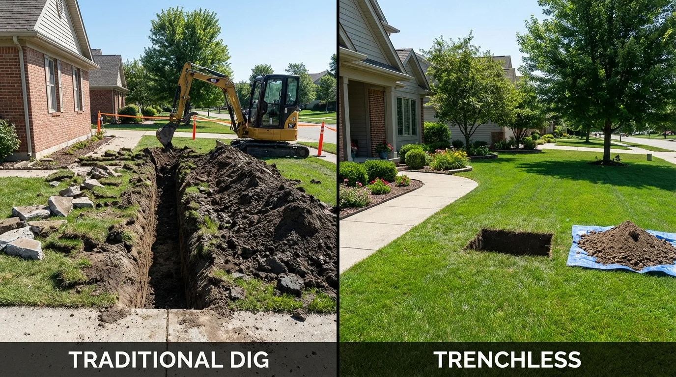 Trenchless sewer repair with minimal yard damage versus traditional excavation in New Concord, OH