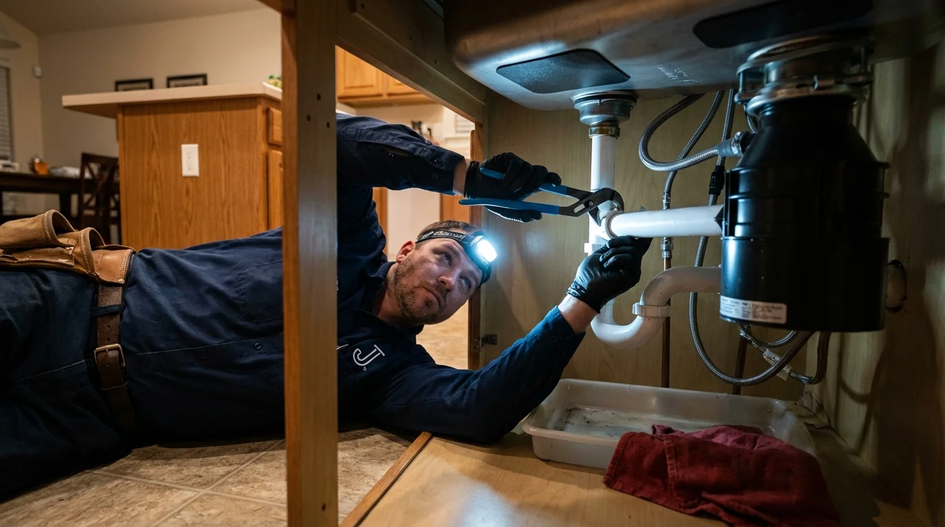 P-trap and supply line connections under a kitchen sink showing a common leak point in New Concord, OH